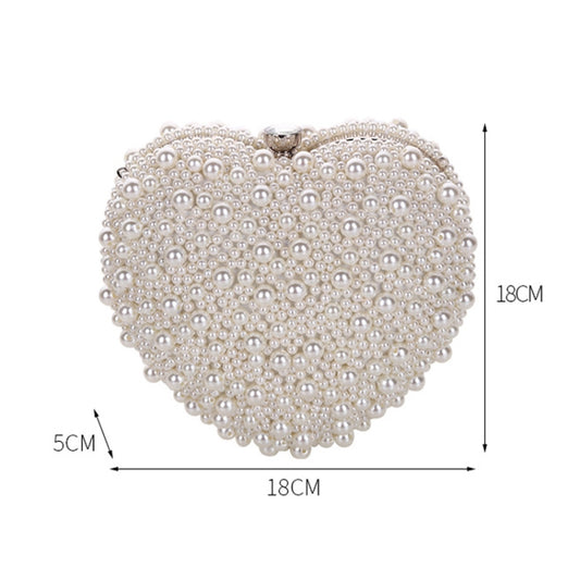 White pearl heart clutch with silver top clasp and single chain strap