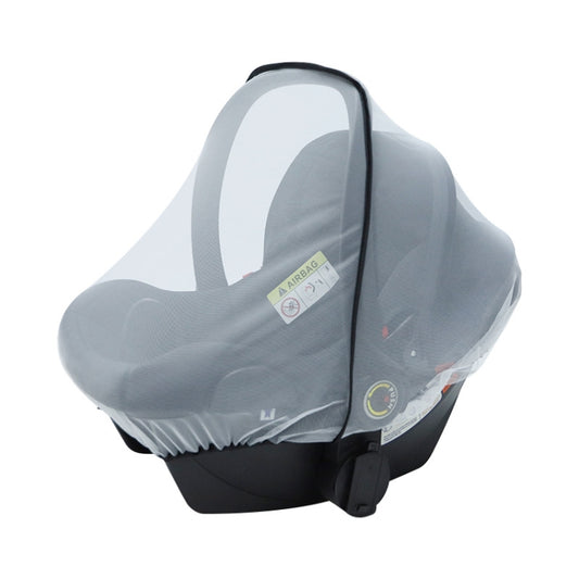 Gray stroller mosquito net canopy cover for newborn cradle with black edging and straps