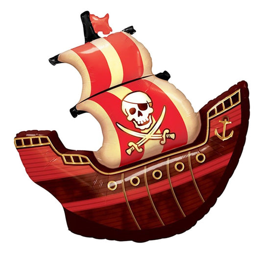 Red and cream pirate ship balloon with skull emblem and anchor details