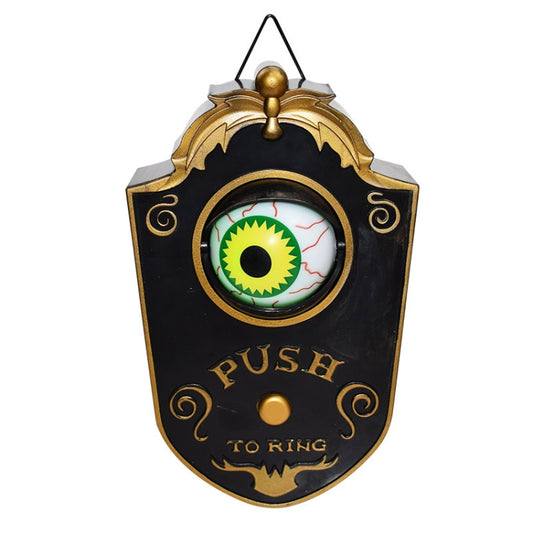 Hanging horror doorbell pendant with green glowing one eye, black shield