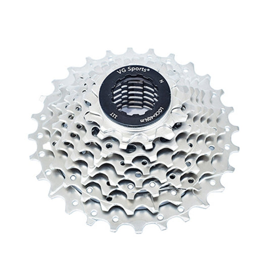 VG Sports bicycle cassette sprocket set, close-up silver cogs with black center