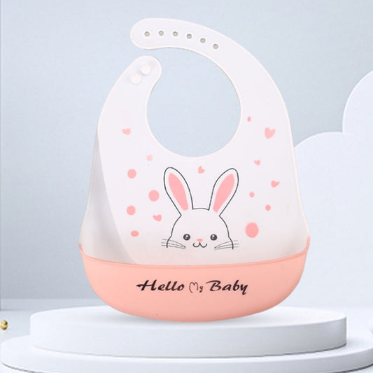 White and peach silicone baby bib with rabbit face print and “Hello My Baby” text