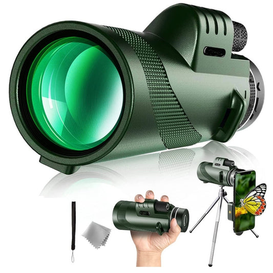 Green night vision monocular with large objective lens and included accessory tripod stand