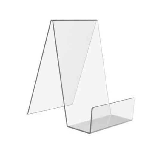 Transparent acrylic display stand with V-shaped back and base feet