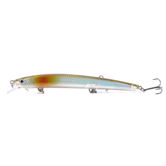 Silver-gold floating fishing lure, minnow body with treble hooks