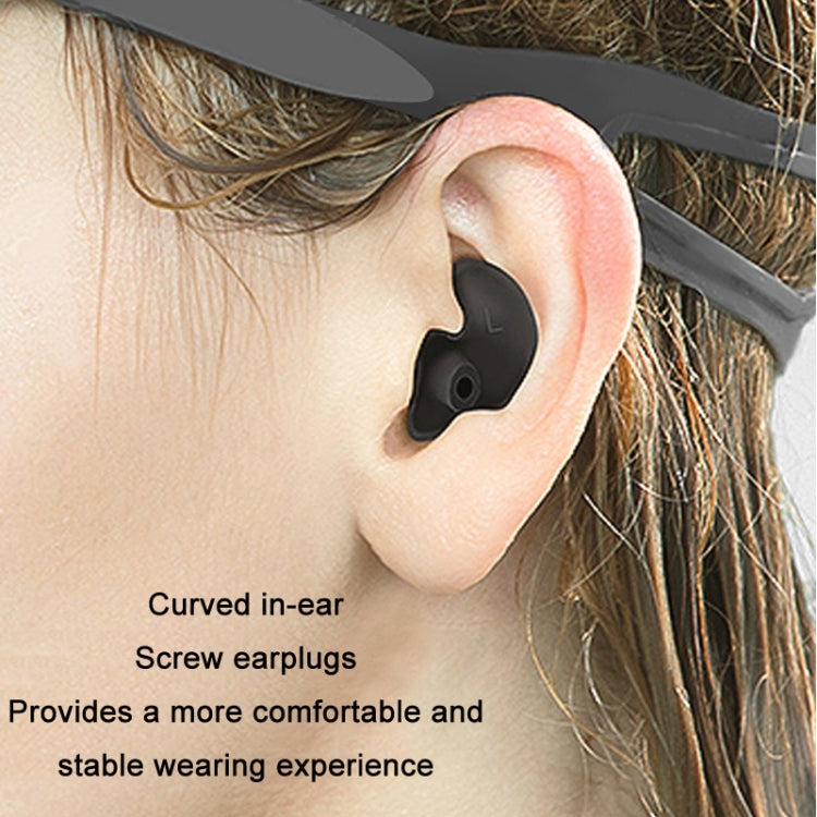 Curved in-ear silicone earplugs with spiral shape and left ear mark.