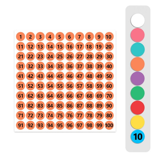 Sheet of round numbered size stickers in orange, labeled 1 to 100