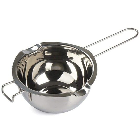 Stainless steel chocolate melting pot with long side handles and round interior bowl