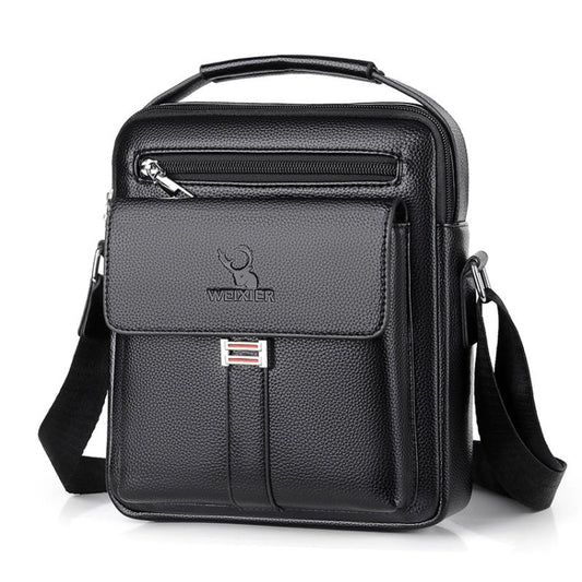 Men's black leather-look messenger bag with front flap, zip pocket, and adjustable shoulder strap