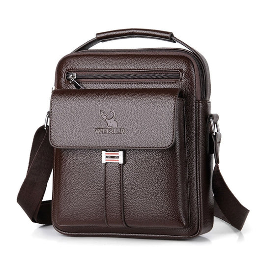 Men's brown leather-look messenger bag with front flap, zip pocket, and adjustable shoulder strap