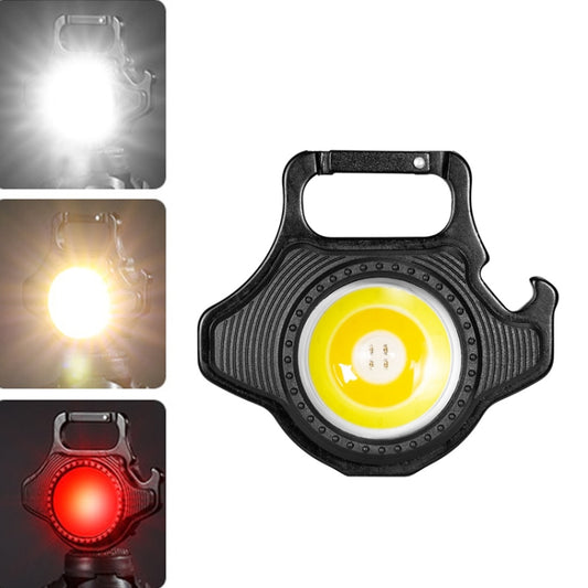 Black mini keychain flashlight with yellow LED lens and handle loop body.