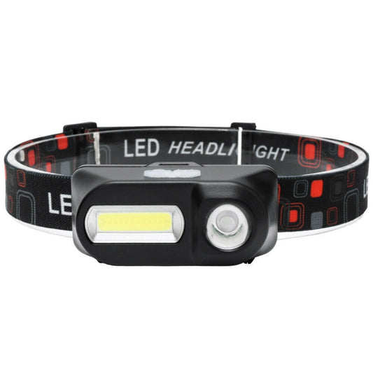 LED headlamp with elastic headband, black housing, COB bar and round spotlight lens