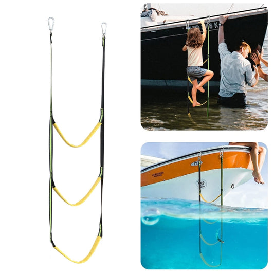 Green rubber boat boarding ladder with three yellow loops.