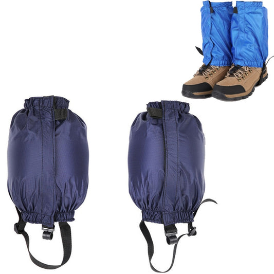 Navy blue anti-snow short leg covers with elastic cuffs and adjustable strap