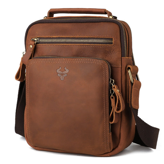 Brown leather shoulder messenger bag with front zip pocket, tassel pull, adjustable strap