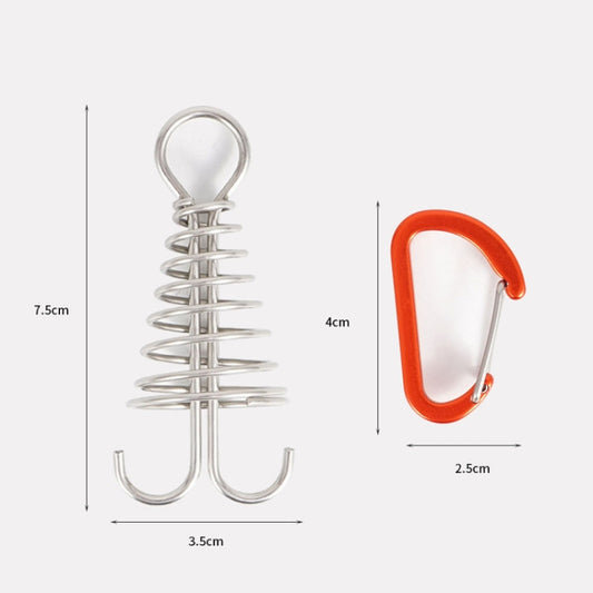 Stainless steel tent rope buckle with coiled spring and red/orange carabiner, size shown