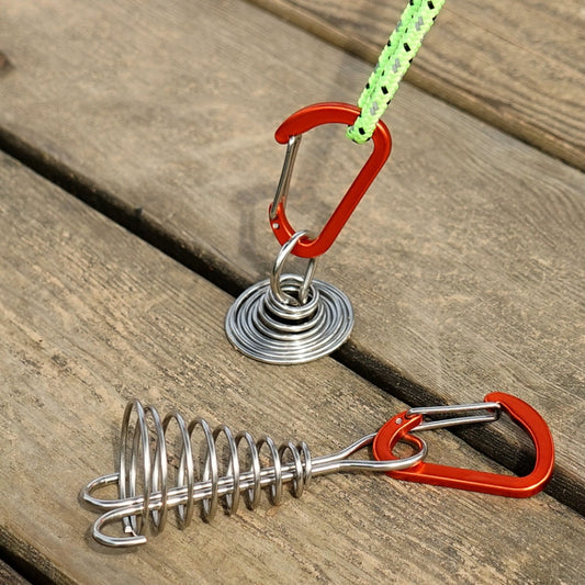 Stainless steel tent rope buckle with red/orange carabiner and coiled spring base