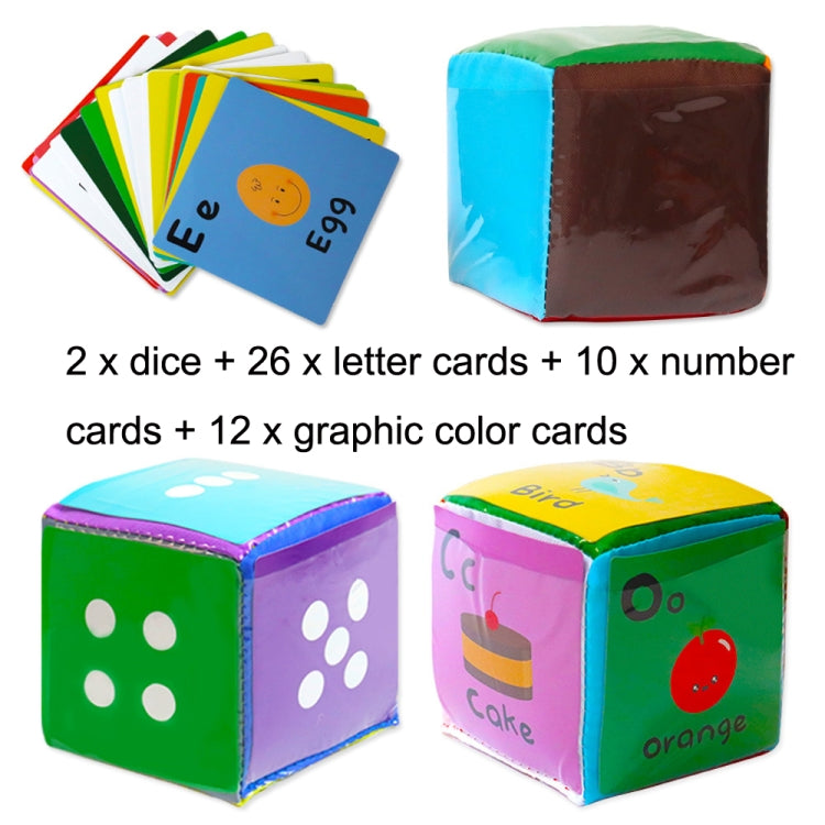Cube dice with assorted letter, number, and graphic color cards plus a pouch