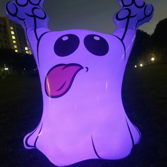 Purple glowing inflatable ghost decoration with raised arms, big eyes, and smiling open mouth.