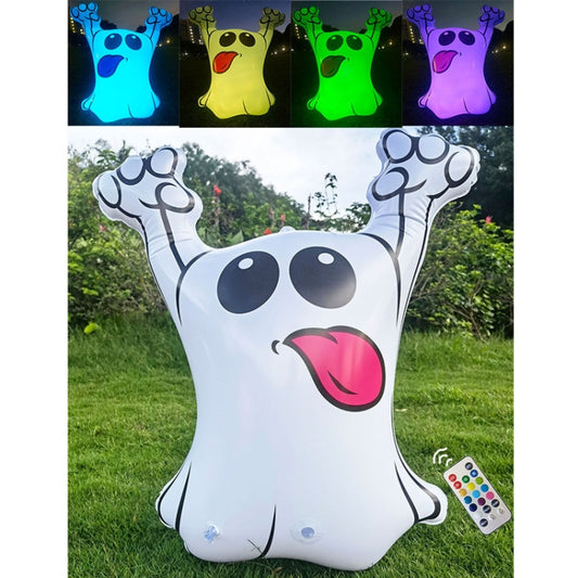 White inflatable cartoon ghost decoration with raised arms, dark eyes, and pink tongue.