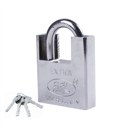 Chrome metal padlock with U-shaped shackle, EXTRA engraving, includes two keys