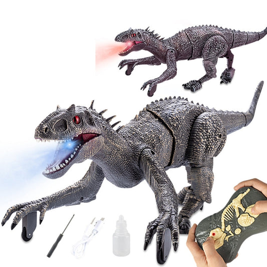Gray mechanical T-rex dinosaur toy with red mouth light, plus hand holding bone controller