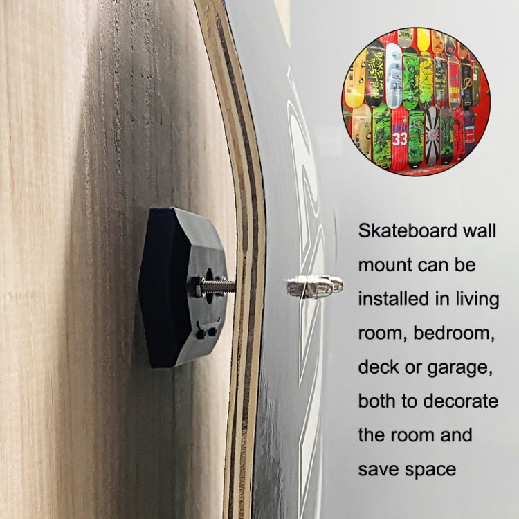 Wall-mounted black skateboard stand with two silver bolts and fixing screws