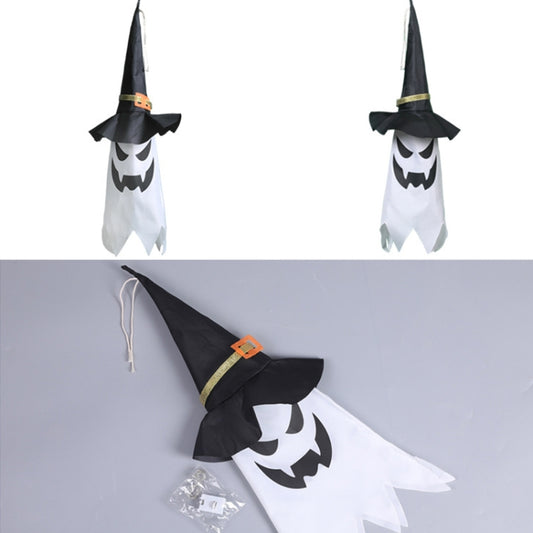 LED wizard hat hanging decoration, black hat with jack-o'-lantern face, front and back.