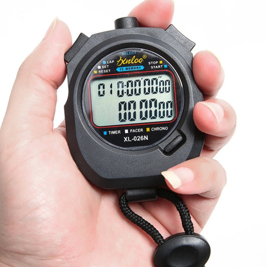 Double-row digital referee stopwatch with large LCD display, black case and lanyard