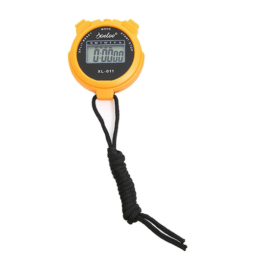 Orange electronic stopwatch with LCD display and black lanyard strap