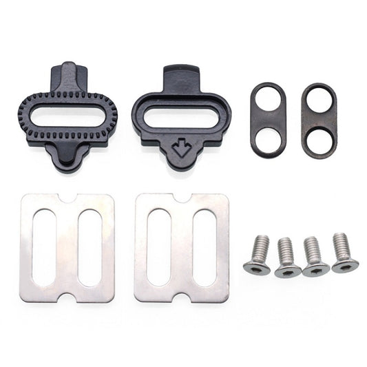 Black SPD cleat pedal hardware set: cleat plates, metal brackets, and mounting screws