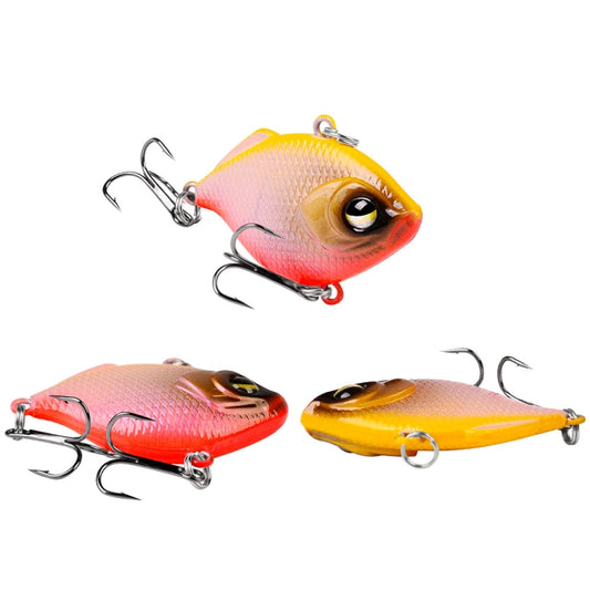 Plastic hard VIB fishing lures set, red-orange and yellow with 3D eyes, double treble hooks