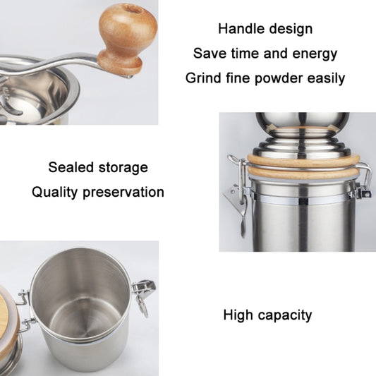 Stainless steel hand coffee grinder with wooden crank knob and sealed storage