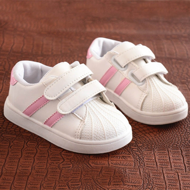 Children's white casual sneakers with pink striped velcro straps