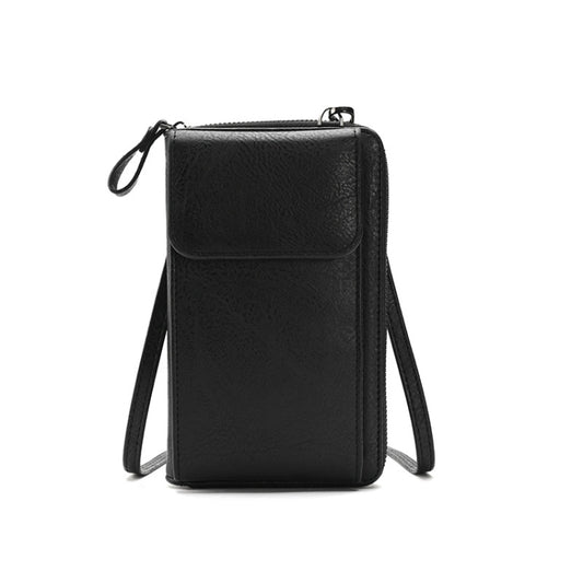 Black vertical crossbody phone bag with front flap and adjustable shoulder strap