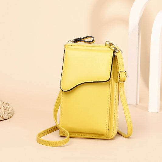 Yellow crossbody phone bag with front flap and adjustable shoulder strap.