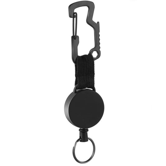Black D-carabiner bottle opener with key ring and black fabric strap, round reel