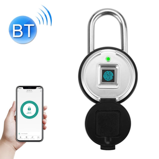 Electronic fingerprint padlock with black base and silver shackle, green indicator light