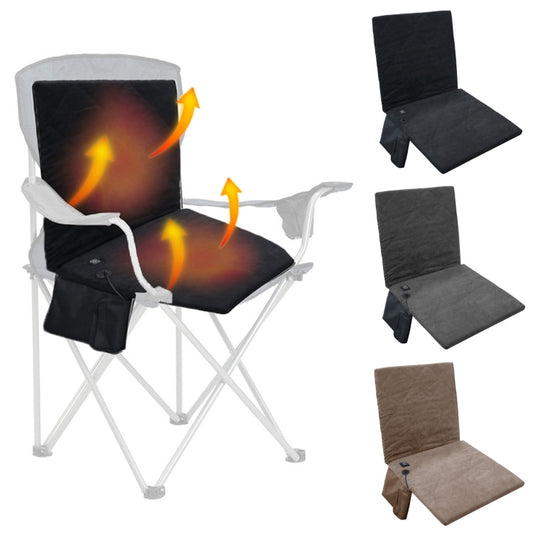 Heated camping chair cushion with backrest in black, gray, and khaki
