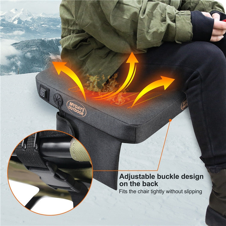 Gray heated camping stool with adjustable back buckle and glowing heat vents