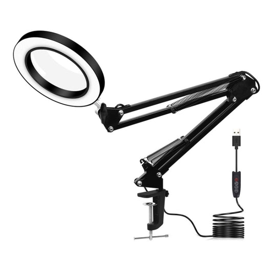 LED magnifying clip reading lamp with ring magnifier and USB power cable, black