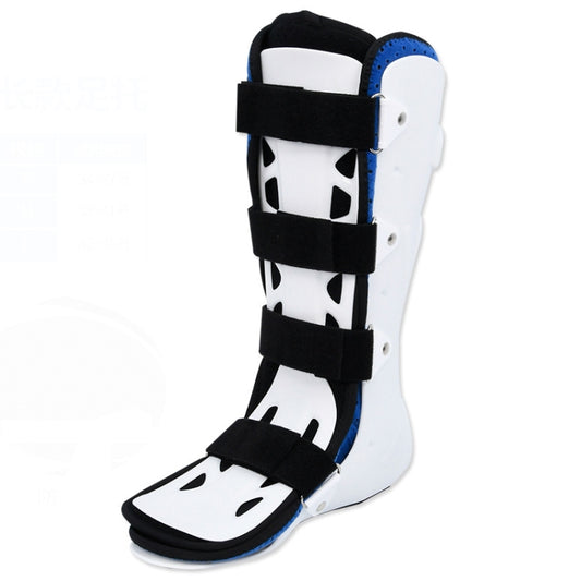 White ankle fracture boot brace with black straps and blue padded cuff, open-toe design
