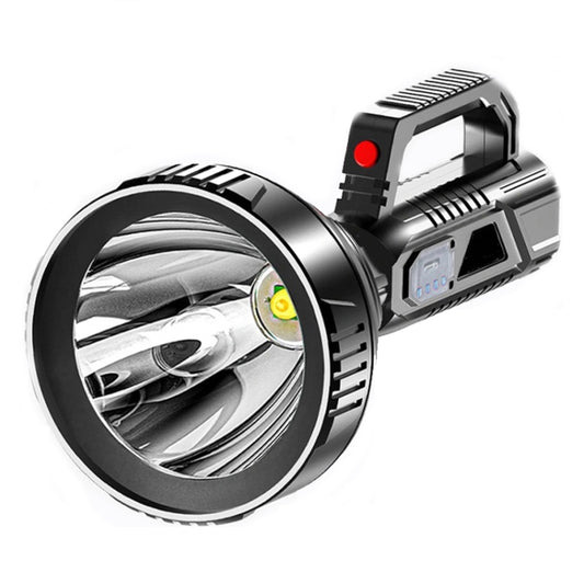 Rechargeable handheld flashlight with wide circular head and side charging panel