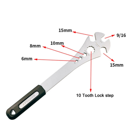 Multi-size bicycle pedal wrench showing measurement markings and tooth lock step