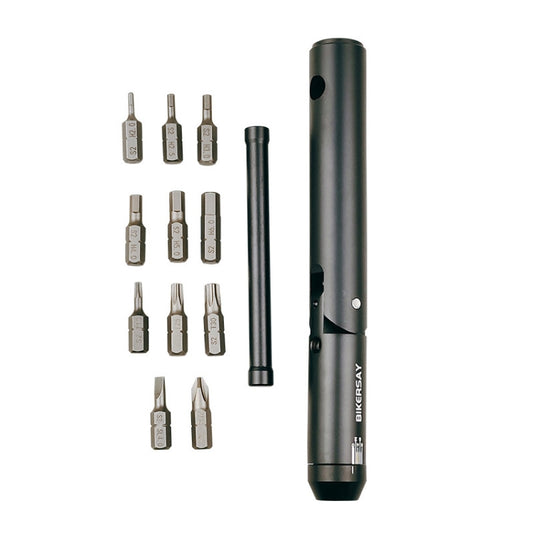 Multifunction bike torsion wrench set with bits, dark finish and extension handle