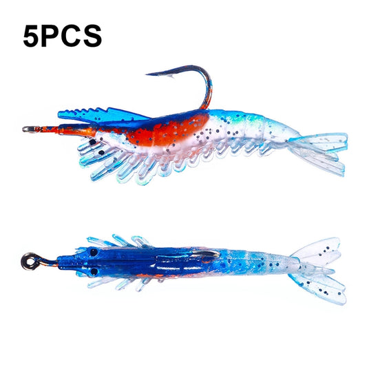 Soft shrimp fishing lure set with blue and orange bodies, hooks, and translucent tails
