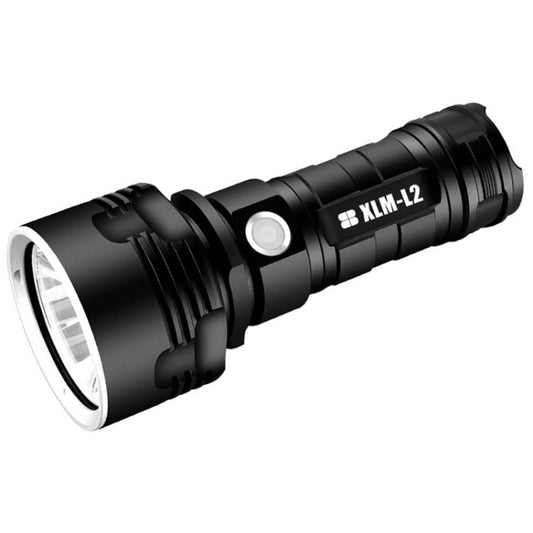 Black aluminum LED camping flashlight with wide beam head and side power button