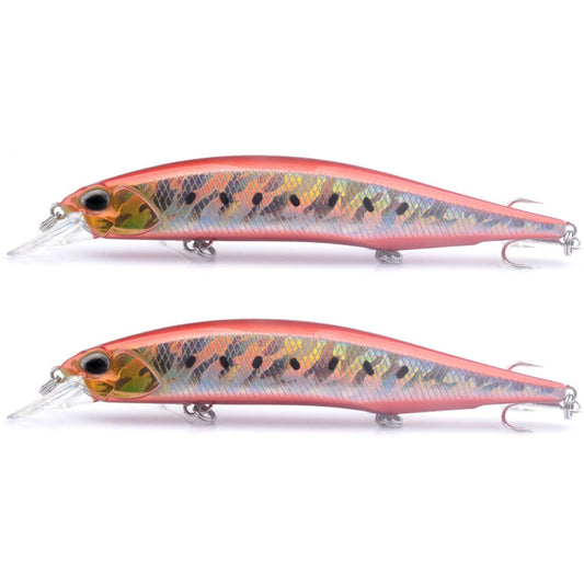 2-pack minnow fishing lures, silver body with orange-red head, treble hooks
