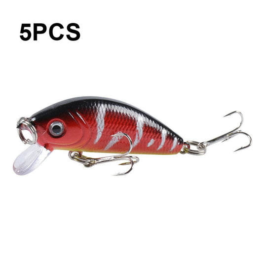 Hard plastic fishing lure, red and black body with silver scales, 2 treble hooks