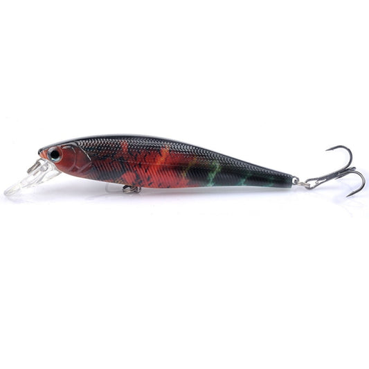 Floating minnow lure with red and dark blue patterned body, clear lip, double hooks